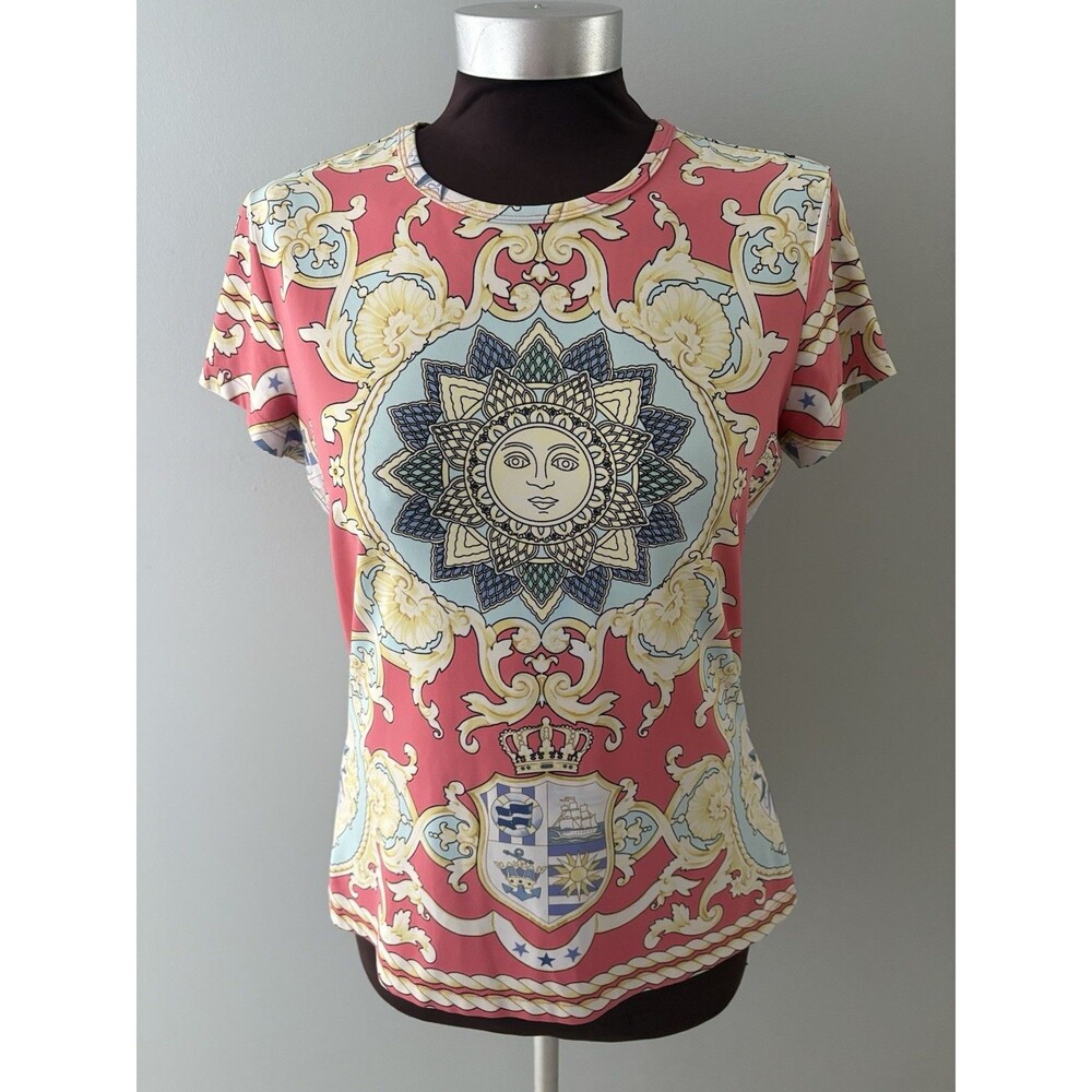 J McLaughlin Catalina Cloth Top Size M Pink Yellow Sun Crest Celestial Indie